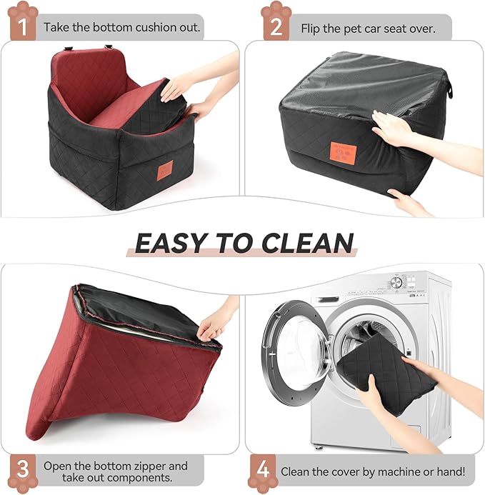 Dog Car Seat for Small/Medium Dogs, Dog Booster Car Seats with Thick Cushion for Dogs Under 35lbs, Detachable Washable Pet Car Seat with Storage Pockets, 2 Safety Belts(Black/Red)-PawvioPets