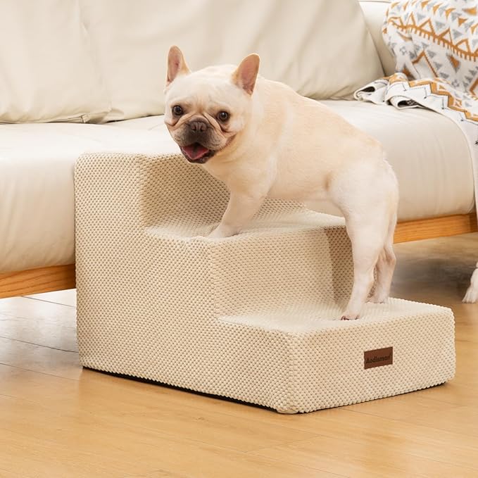 Dog Stairs for Small Dogs & Cats, 3-Step Extra Wide Non-Slip Pet Steps for Couch Sofa and Chair, Beige, 15.7" H-PawvioPets