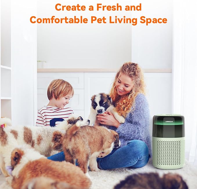 AIRROMI Air Purifier for Bedroom Home,HEPA Filter,Covers Upto 549 Ft²,Quiet 360°intake Air Cleaner with Fragrance ponge for Better Sleep,Night Light,Filters Smoke,Pet Dander,Allergies,Dust,A2005 Green-PawvioPets