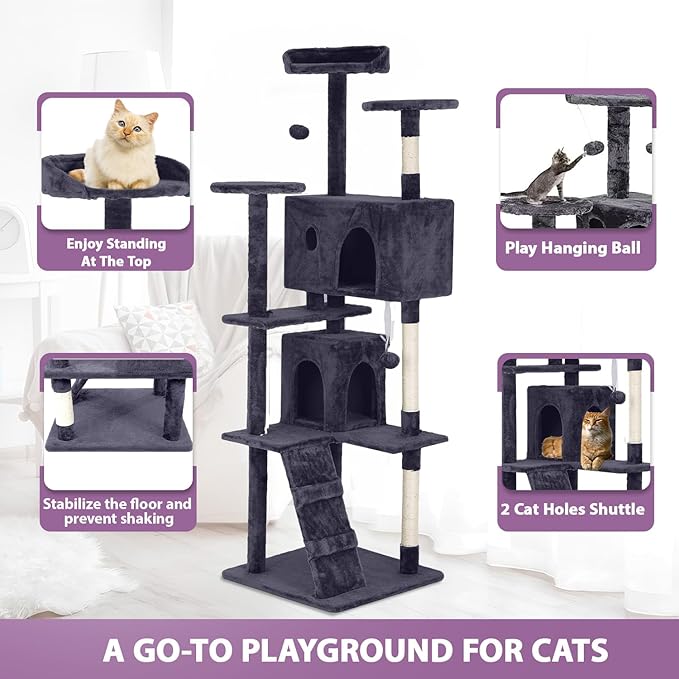70 Inches Cat Tower for Indoor Cats, Multi-Level Cat Condos with Scratching Posts, Hanging Toys, Ashy-PawvioPets