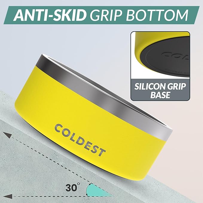 Coldest Dog Bowl - Anti Rust Metal, Non Slip, 3 Layers Insulated Stainless Steel Dog Bowls - Spill Proof & Heavy Duty - Water Bowl for Dogs, Cats & Pets, Dish Washer Safe (100 oz, Solar Yellow)-PawvioPets