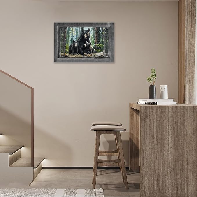 Black Bear Wall Art Forest Window Canvas Cabin Living Room Pictures Prints Animal Wall Decor Painting Artwork for Bedroom Dining Office Home 24"x16"-PawvioPets