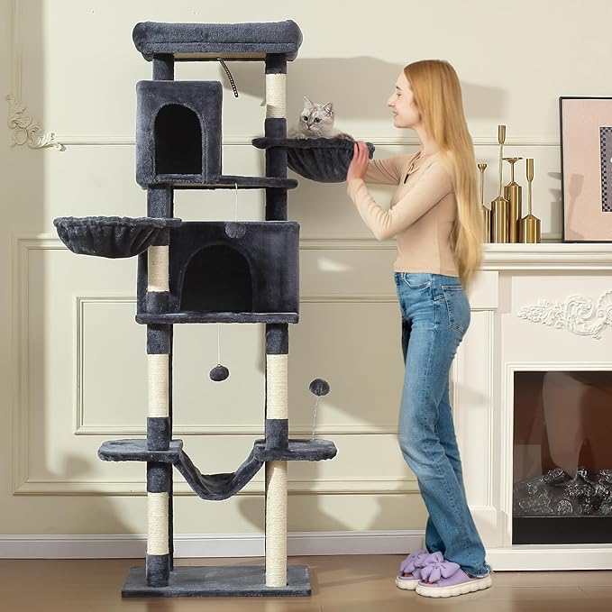 70-Inch Cat Tree,Large Cat Tree Tower with Hammock, Scratching Post, Condo and Multi-Level Cat Tower for Large Cats, Cat Activity Center Playhouse, Dark Gray LCT016-PawvioPets