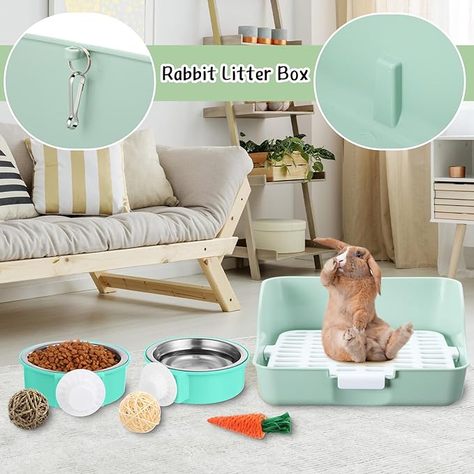15 Pcs Rabbit Starter Kit Small Rabbit Litter Box Animal Grooming Kit Bunny Toys Bowl Blankets with Cleaning Set for Guinea Pig Accessories(Green)-PawvioPets