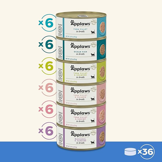Applaws Natural Wet Cat Food in Broth, Limited Ingredient Canned Wet Cat Food, No Additives, Made with Natural Ingredients, Fish Selection in Broth (36 x 2.47oz Cans)-PawvioPets