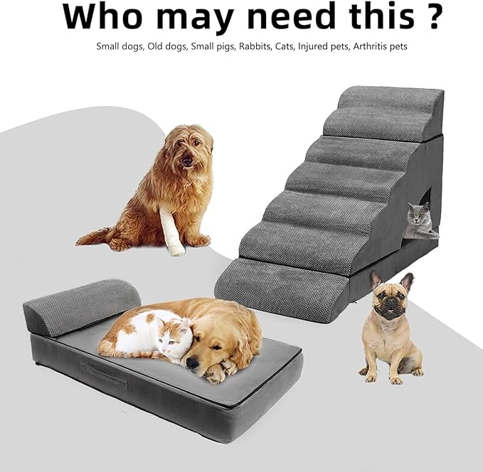Foam Dog Stairs & Steps Ramps for High Beds 30-36 inches High Tall Large Dogs, LitaiL 7 Step Pet Stairs Steps for High Beds 30 inch Small Dogs, Non-Slip Dog Ramps for Bed-PawvioPets