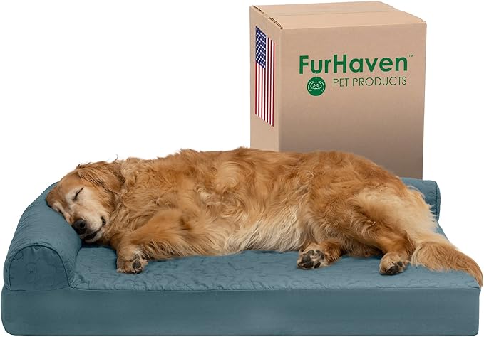 Furhaven Cooling Gel Dog Bed for Large Dogs w/ Removable Bolsters & Washable Cover, For Dogs Up to 95 lbs - Pinsonic Quilted Paw L Shaped Chaise - Bluestone, Jumbo/XL-PawvioPets