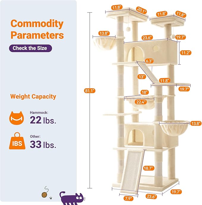 Allewie 81 Inches Tall Cat Tree/Multi-Level Large Climbing Tree House and Towers for Big Feline/Condo and Hammock/Scratching Post/Wide Base/Beige-PawvioPets