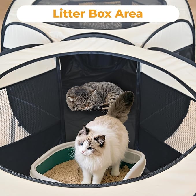 EighteenTek 2-in-1 Pop Up Cat Playpen XLarge, Dog Puppy Pet Playpen, Indoor Outdoor Cats Enclosed, Cat Tent House Crate Cage, Portable & Foldable Playpen for Kittens(No Divider, Unified Space)-PawvioPets