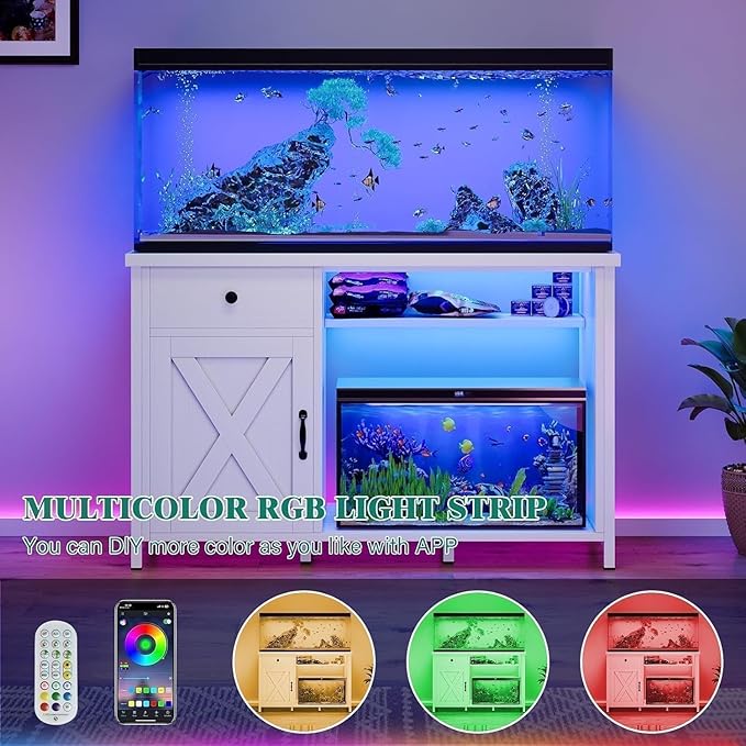 55 Gallon Fish Tank Stand with LED Light & Power Outlets, 55-75 Gallon Aquarium Stand with Drawer & Barn Door, 50" L x 20" W Cabinet for 2 Fish Tank Accessories Storage, Turtle Tank, Antique White-PawvioPets