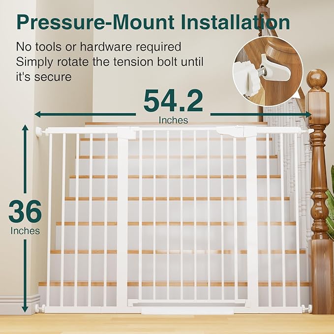 Cumbor 36" Extra Tall Baby Gate for Stairs, 29.7-54.2" Extra Wide Dog Gate for Doorways Hallways, Pressure Mounted Child Gate for Wide Opening, Auto Close Personal Safety for Babies and Pets, White-PawvioPets