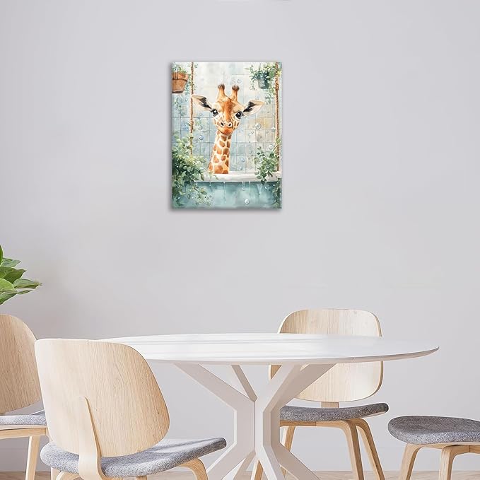Bathroom Funny Giraffe Pictures Wall Art, Watercolor Giraffe Bathroom Wall Decor, Animal Framed Painting Canvas Artwork for Living Room Decorations 20"L x 16"W-PawvioPets