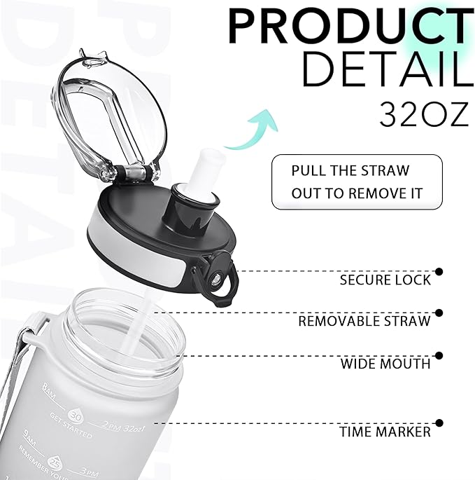 32oz Motivational Water Bottles with Time Marker & Fruit Strainer, Transparent Gradient Color Water Bottle with Times to Drink, Leakproof & BPA Free, Reusable Bottle with Strap (No Straw)-PawvioPets