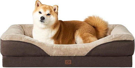 EHEYCIGA Memory Foam Dog Bed for Large Sized, Orthopedic Dog Sofa with Sides and Waterproof Liner, Washable Bolster Pet Bed Couch with Removable Cover, 36x27x7 Inch, Brown-PawvioPets