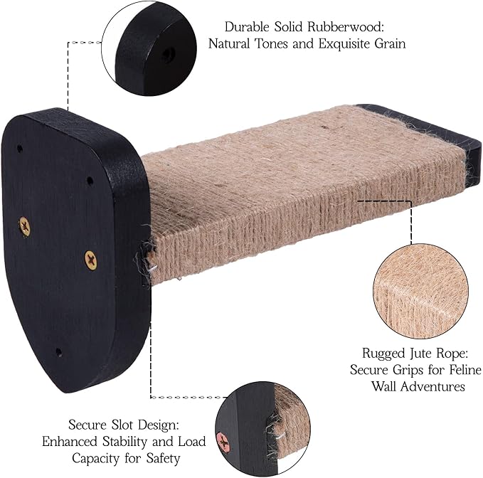 3pcs Wall Steps for Cats, Climbing Mounted Furniture, Shelves With Hemp Rope Covered, Solid Wood Ladder for Playing and Climbing (Large-Black)-PawvioPets