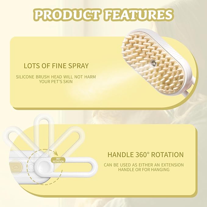 3-in-1 Rechargeable Steam Brush for Cats & Dogs - Anti-Static Spray Pet Grooming Brush with Warm Mist Massage, Hair Shedding Control, Detangling Comb & Cleaning Tool for Effective Deshedding-PawvioPets