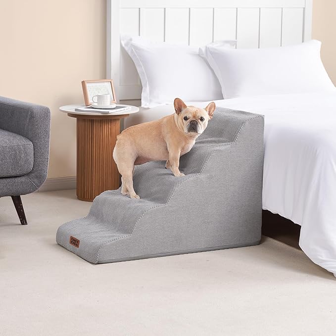 EHEYCIGA Curved Dog Stairs Ramp for High Beds, 5-Step Extra Wide Dog Steps for Small Dogs and Cats, Pet Stairs for High Bed Climbing, Non-Slip Balanced Pet Step Indoor, Light Grey-PawvioPets