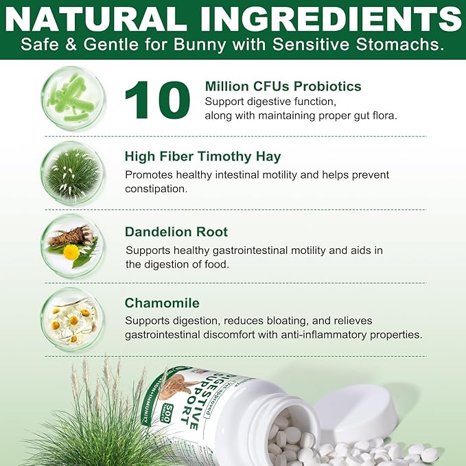 500 Tablets, Digestive Support Rabbit, Support GI Stasis, Bloat, Constipation, and Diarrhea, Strengthens Immune System, Premium Formula with High Fiber, Vitamins and Probiotics, Non-GMO-PawvioPets