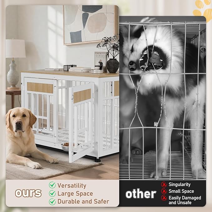 Dog Crate Furniture End Table, 38 Inch Hidden Kennel Cabinet with Removable Tray, Thickened Metal Frame Dog Cage, Dual-Purpose Pet House & Nightstand for Living Room-PawvioPets