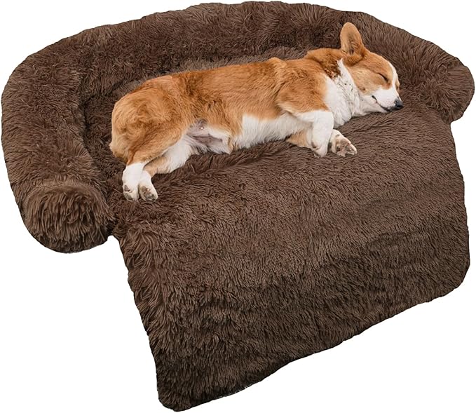 GGIB Calming Dog Bed Fluffy Plush Dog Mat for Furniture Protector with Removable Washable Cover for Large Medium Small Dogs and Cats (Medium, Coffee)-PawvioPets