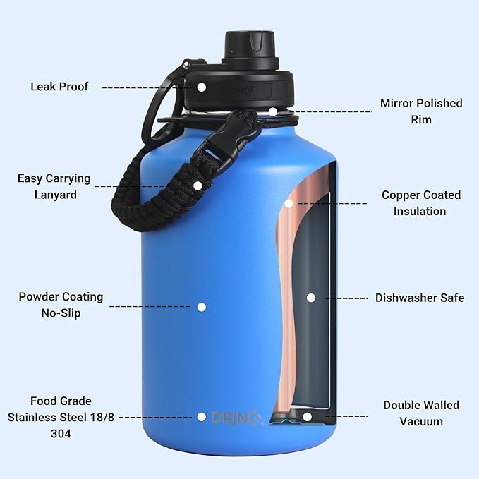 Drinco Stainless Steel Water Bottle Spout Lid Vacuum Insulated Double Wall Water Bottle Wide Mouth (64oz 40oz 32oz 22oz 18oz 14oz) Leak Proof Keep Cold Sport Camping Hiking (64 oz, 64oz Royal Blue)-PawvioPets