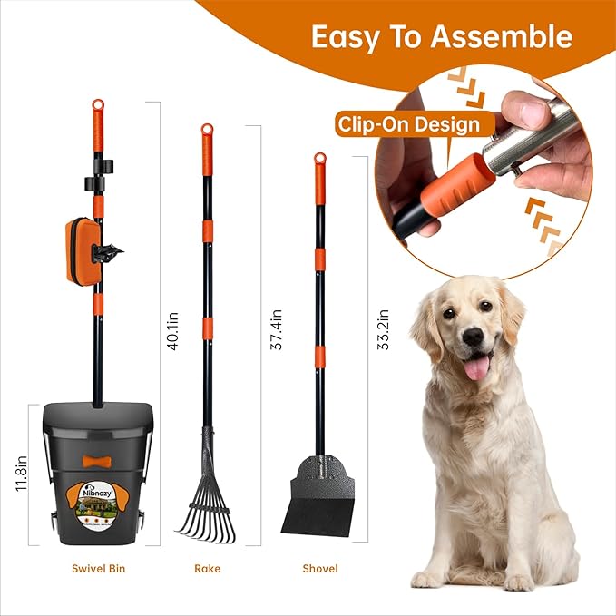Dog Pooper Scooper with Bags & Dispenser - 37.4" Long Durable Metal Handle Swivel Bin & Rake & Spade Kit, Large Capacity Portable Pooper Scooper for Yards，Easy to Assemble-PawvioPets