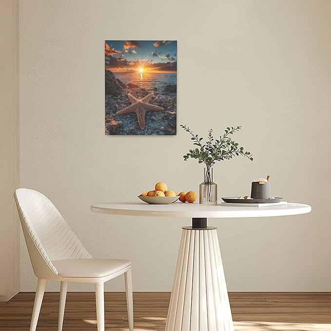 Beach Starfish Wall Decor Ocean Starfish Wall Art Sunset Scenery Coastal Theme Pictures Canvas Nature Seascape Painting Print Framed Artwork Decorations for Home Bathroom Living Room Bedroom Office 12"x16"-PawvioPets