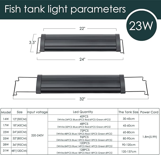 AQQA Aquarium Light,Full Spectrum LED Fish Tank Lights,12"-54" Adjustable Multi-Color White Blue Red Green LEDs with Extendable Brackets,14W-31W for Freshwater Plants (23W (24"-32"))-PawvioPets