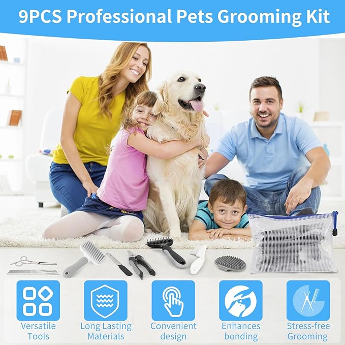 Cat Grooming Brush, 9PCS Dog Brush Kit with Pet Nail Clipper and File, Deshedding Brush for Cats, Cats Dog Shedding Brushs for Small Large Pets, Includes Flea Comb, Bath Brushs,Undercoat Rake (Grey)-PawvioPets