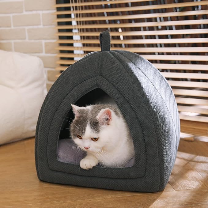 Amazon Basics Cat Cave Bed, 2-in-1 Foldable House for Indoor Cats, with Washable Cushion and Non-Slip Base, 15 x 15 Inches, Small-PawvioPets