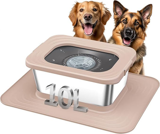 Decflow 10L Stainless Steel Dog Water Bowl, No Spill Anti-Splash Dog Bowls with XXL Silicone Mat, Spill-Proof Slow Feeder for Messy Drinkers, Heavy Duty Pet Bowls Indoor/Outdoor Use-PawvioPets