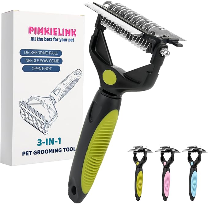 3-IN-1 Pet Grooming Tool - Undercoat Rake, Dematting Comb & Deshedding Brush for Cats & Dogs - Removes Mats, Tangles & Loose Fur, Reduces Shedding & Prevents Hair Mess (Green)-PawvioPets