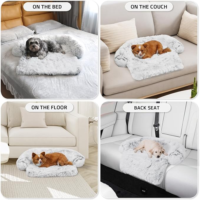 Calming Dog Bed Fluffy Plush Dog Mat for Furniture Protector with Removable Washable Cover for Large Medium Small Dogs and Cats (XS (31"x23.5"x5"), Light Grey)-PawvioPets