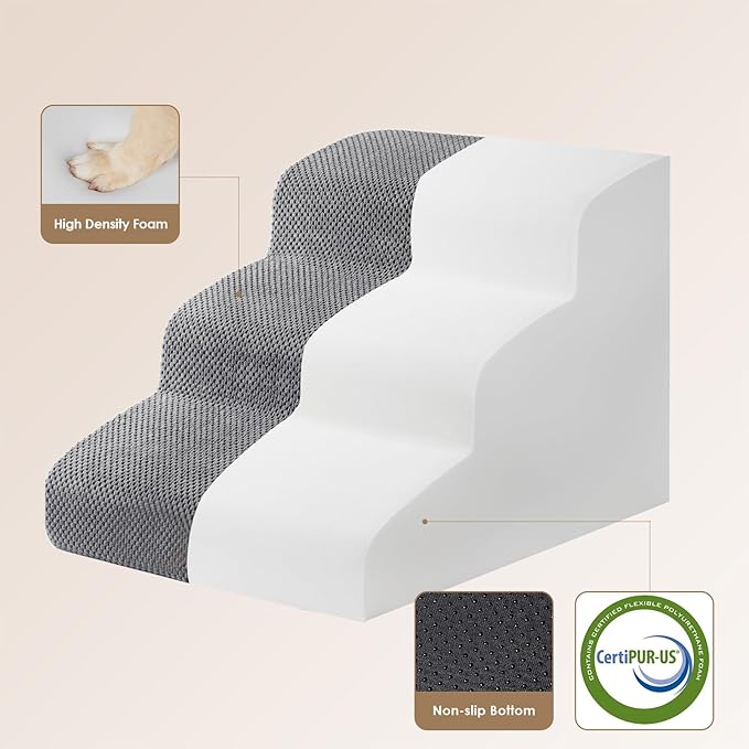 EHEYCIGA Curved Dog Stairs Ramp for Small Dogs 15.7" H, 3-Step Dog Steps for Couch Sofa and Chair, Pet Stairs for Cats, Non-Slip Balanced Pet Steps Indoor, Grey-PawvioPets