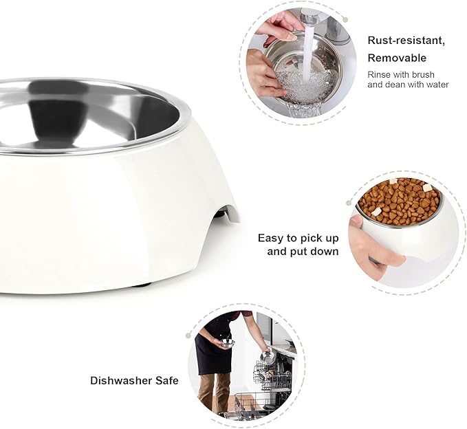 Elevated Dog Bowls Set - Non-Slip Raised Pet Feeder with Medium (10 oz) & Large (20 oz) Stainless Steel Bowls - Includes Durable Resin Stand for Puppies, Adult Dogs & Cats - White-PawvioPets