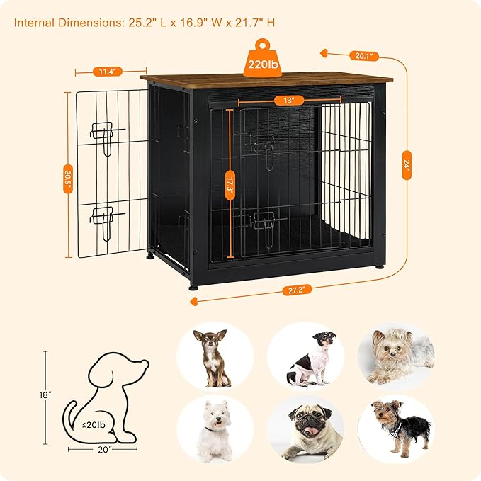 DWANTON Dog Crate Furniture with Cushion, Wooden Kennel Table with Double Doors, Indoor Dog House, Small/Medium/Large Size, 27.2" L, Black+Warm Brown-PawvioPets