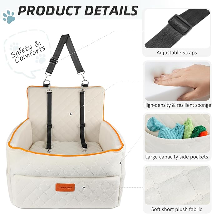 Dog Car Seat for Small Medium Dogs, Memory Foam Dog Booster Seats with Thick Cushion for Dogs Under 35lbs, Detachable Washable Pet Car Seat Travel Bed with Storage Pockets,2 Safety Belt-PawvioPets