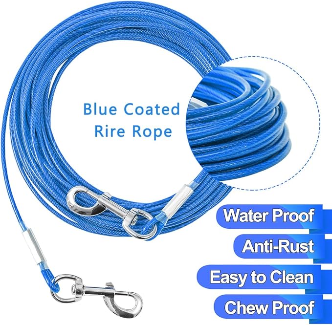 10FT Heavy Duty Dog Tie Out Cable for Large Dogs up to 125lbs, Durable Runner Tether Line (Blue)-PawvioPets