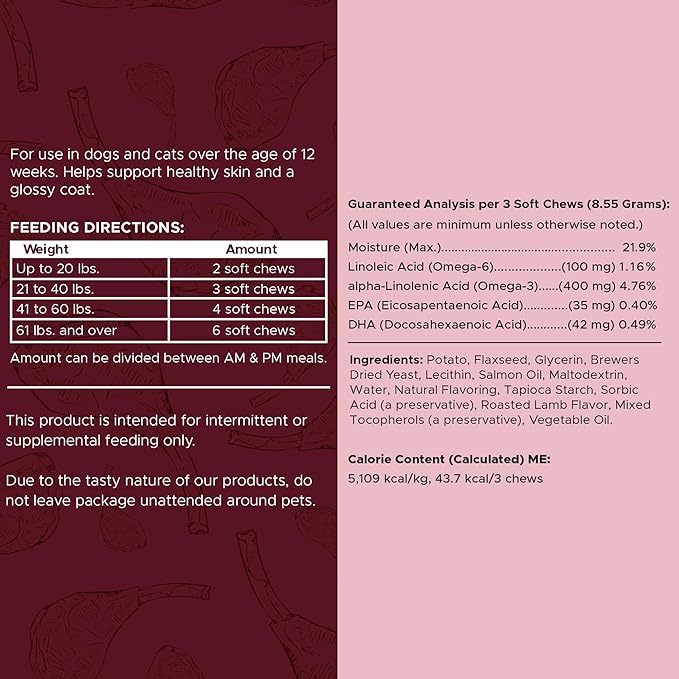 Dog Skin and Coat Supplement -360 Soft Chew Omega Treats for Skin Allergies -Salmon Oil Blend of Essential Fatty Acids, Omega 3, 6, Vitamins, Minerals -Made in USA (2 Packs of 180, Lamb Flavor)-PawvioPets