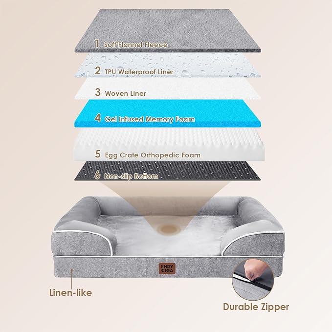 EHEYCIGA Orthopedic Dog Beds for Extra Large Dogs 44x32Inch, Waterproof Memory Foam XL Pet Bed with Sides, Non-Slip and Egg-Crate Foam Big Dog Couch Bed with Washable Removable Cover, Grey-PawvioPets