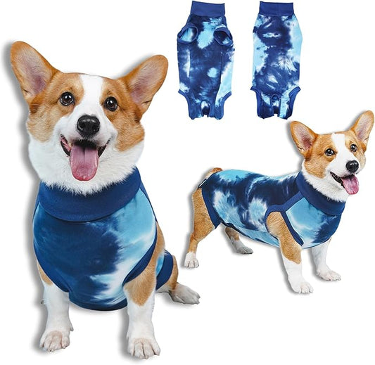 Breathable Dog Recovery Suit for Male/Female, Tie Dye Blue Dog Onesie for Abdominal Wounds, Cone E-Collar Alternative After Surgery to Anti-Licking, Professional Surgery Suit for Dogs-PawvioPets