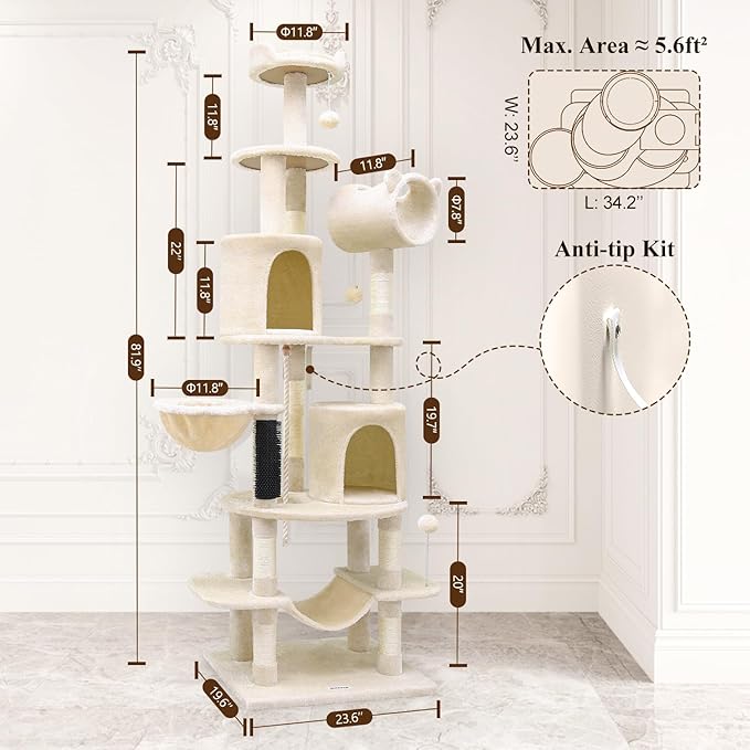 Globlazer Artistic Curved Cat Tower for Small Cats (Under 12 lbs), 81-inch Slim Design Cat Tree with Space-Saving Design, Indoor Cat Condo with Hammock & Tunnel, C81, Beige, Non-Large Cats-PawvioPets