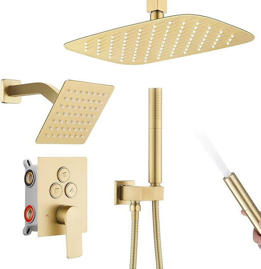 12 Inch Rain Shower System, Brushed Gold Shower Faucet Set with Push Button Diverter, 6 Inch Wall Mounted 3-Functions Bathroom Shower Systems with Dual-Function Handheld-PawvioPets