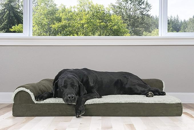 Furhaven Cooling Gel Dog Bed for Large Dogs w/ Removable Bolsters & Washable Cover, For Dogs Up to 95 lbs - Two-Tone Plush Faux Fur & Suede L Shaped Chaise - Dark Sage, Jumbo/XL-PawvioPets