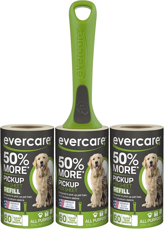 Evercare All Purpose Pet Hair Lint Roller with 2 Refills, 180 Total Sheets – Reusable Sticky Roller for Pet Hair, Cat & Dog Hair Remover, Lint Remover, Pet Hair Remover for Furniture, Clothing & Cars-PawvioPets