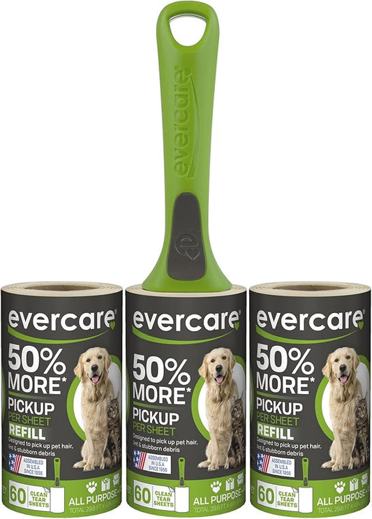 Evercare All Purpose Pet Hair Lint Roller with 2 Refills, 180 Total Sheets – Reusable Sticky Roller for Pet Hair, Cat & Dog Hair Remover, Lint Remover, Pet Hair Remover for Furniture, Clothing & Cars-PawvioPets