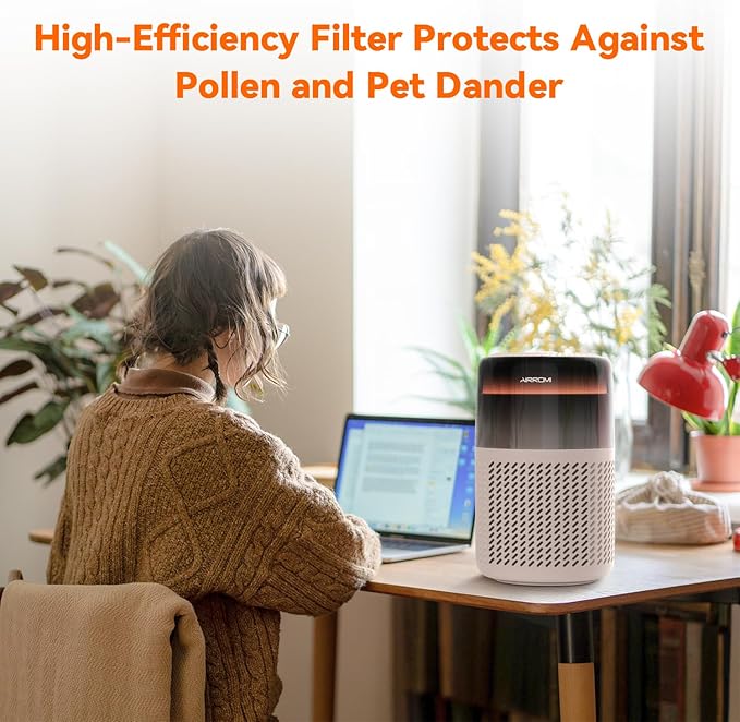 AIRROMI Air Purifier for Bedroom Home,HEPA Filter,Covers Upto 549 Ft²,Quiet 360°intake Air Cleaner with Fragrance ponge for Better Sleep,Night Light,Filters Smoke,Pet Dander,Allergies,Dust,A2005 Beige-PawvioPets
