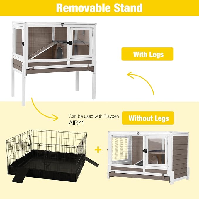 Aivituvin Rabbit Hutch with Stand Wooden Bunny Cage Indoor 2 Story Guinea Pig House with Anti Chew Ramp, No Leak Tray, Hideout, Wire Mesh (Brown)-PawvioPets