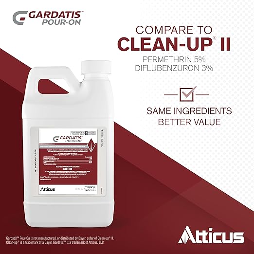 Atticus Gardatis Pour-On Insecticide with IGR (1/2 Gal) - Control Lice, Flies, and Ticks on Cattle and Horses - (Compare to Clean-Up II) - Permethrin 5.0% and Diflubenzuron 3.0%-PawvioPets