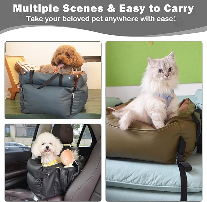 Dog Car Seat for Small Dogs, Large Leather Dog Car Bed with Storage Pocket, Waterproof PVC Leather Booster Seat Travel Bed for Front & Back Seat, Clip-On Safety Leash (Blue/Brown)-PawvioPets